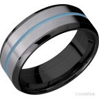 8 mm wide/Beveled/Zirconium band featuring inlays of Tantalum and Polar Blue.