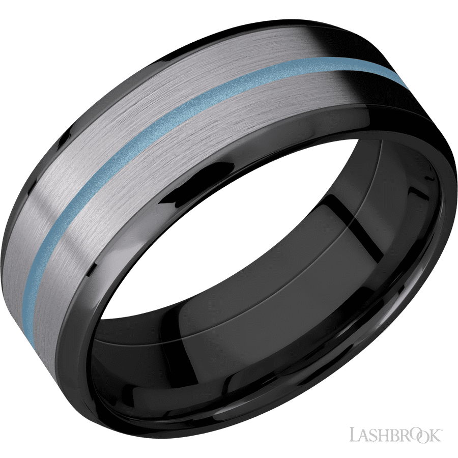 8 mm wide/Beveled/Zirconium band featuring inlays of Tantalum and Polar Blue.