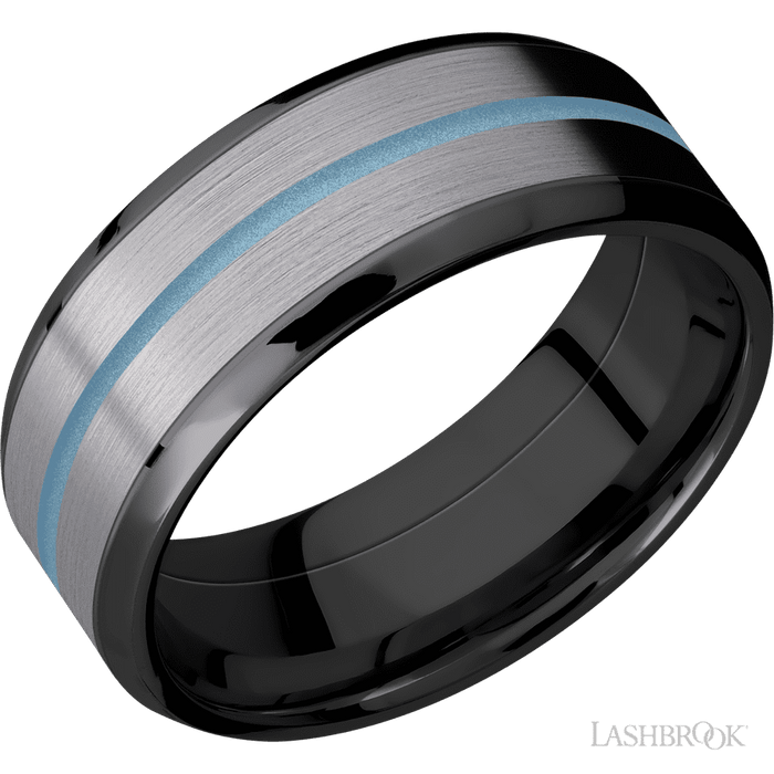 8 mm wide/Beveled/Zirconium band featuring inlays of Tantalum and Polar Blue.
