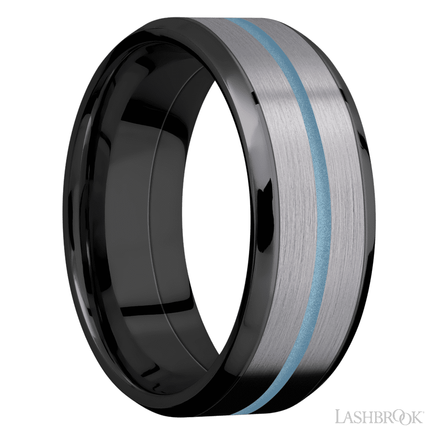8 mm wide/Beveled/Zirconium band featuring inlays of Tantalum and Polar Blue.