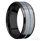 8 mm wide/Beveled/Zirconium band featuring inlays of Tantalum and Polar Blue.
