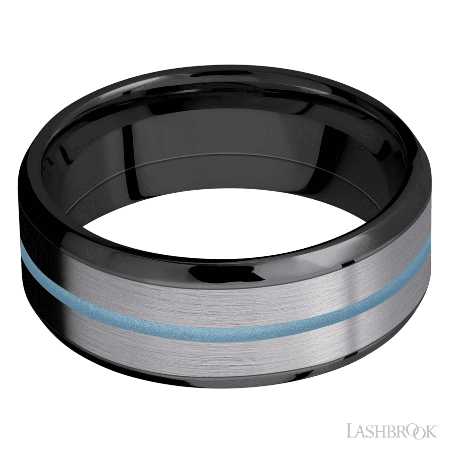 8 mm wide/Beveled/Zirconium band featuring inlays of Tantalum and Polar Blue.