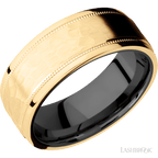 8 mm wide Flat Stepped Edges Milgrain 14K Yellow Gold band featuring a Zirconium sleeve.