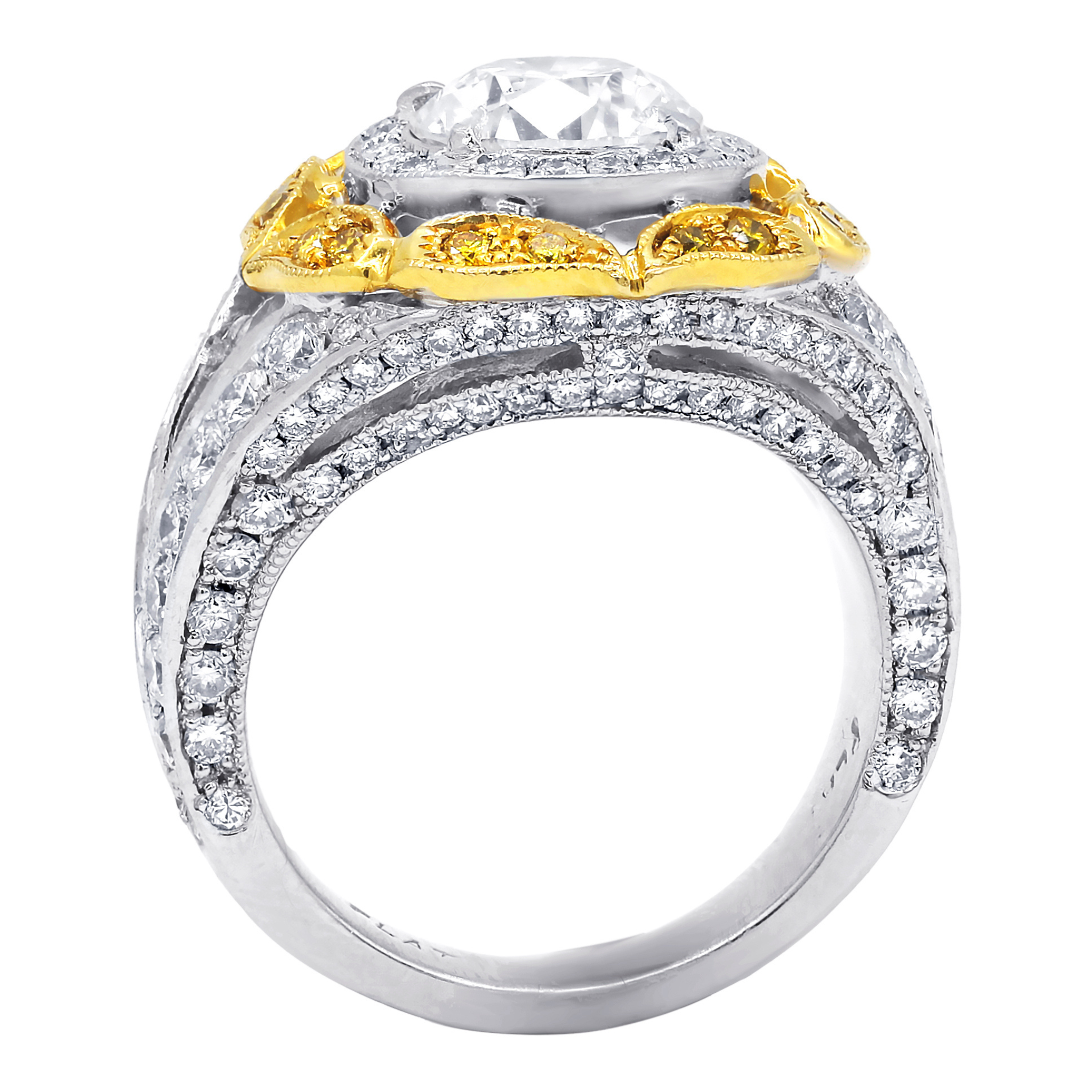 Two Tone Round Halo Pave Split Shank Ring