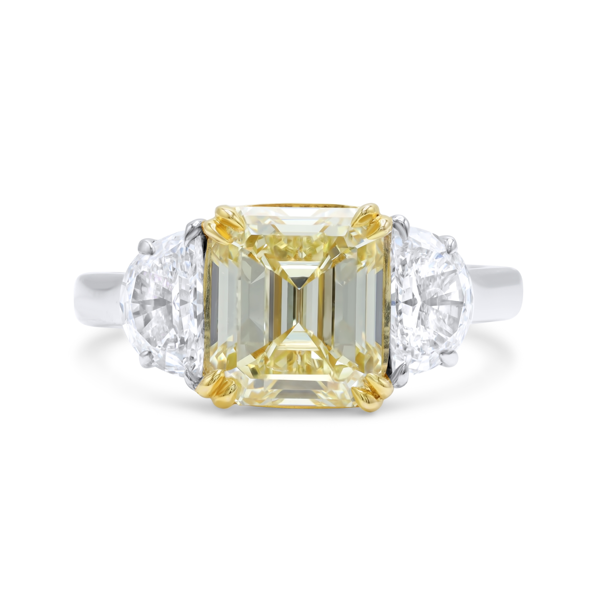 Three-Stone Emerald-Cut Diamond Ring With Half Moon Sides, Platinum & 18K Gold