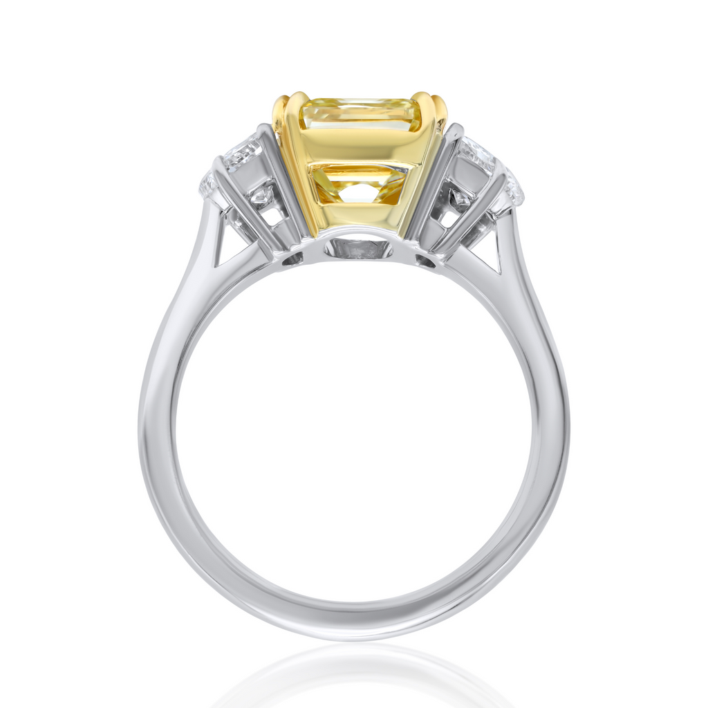 Three-Stone Emerald-Cut Diamond Ring With Half Moon Sides, Platinum & 18K Gold