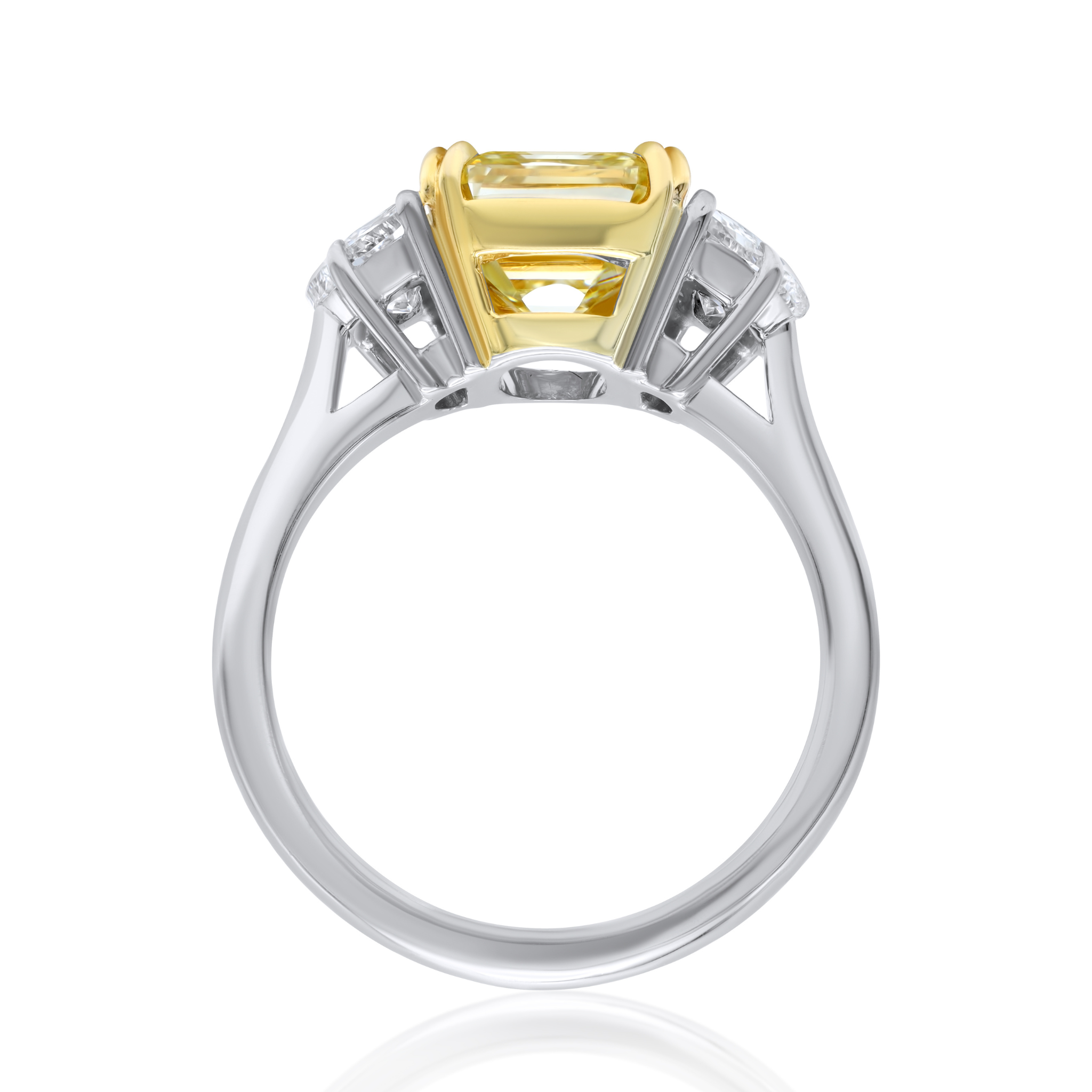Three-Stone Emerald-Cut Diamond Ring With Half Moon Sides, Platinum & 18K Gold
