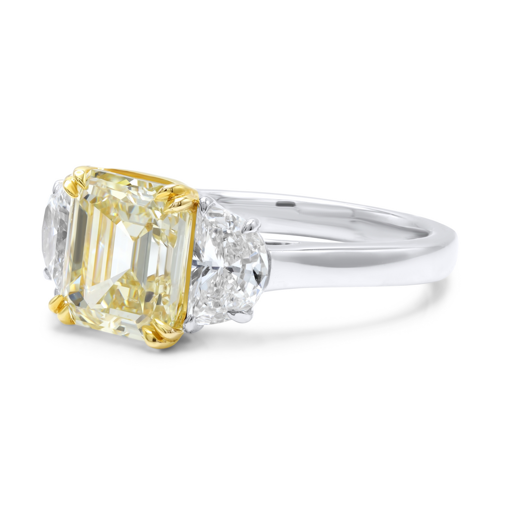 Three-Stone Emerald-Cut Diamond Ring With Half Moon Sides, Platinum & 18K Gold