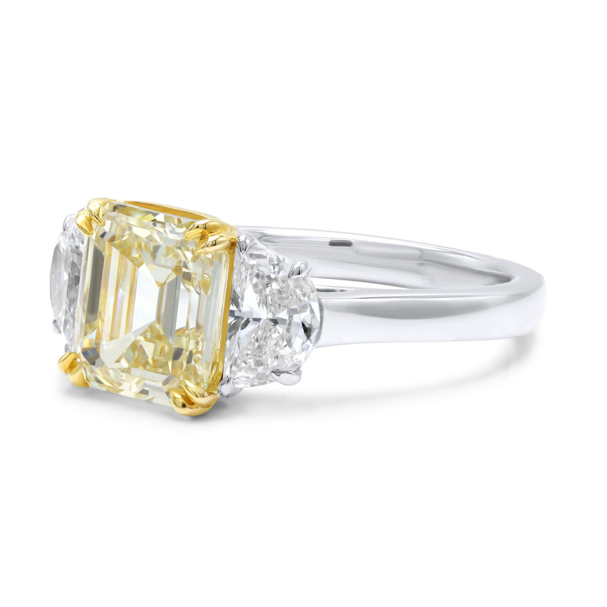 Three-Stone Emerald-Cut Diamond Ring With Half Moon Sides, Platinum & 18K Gold