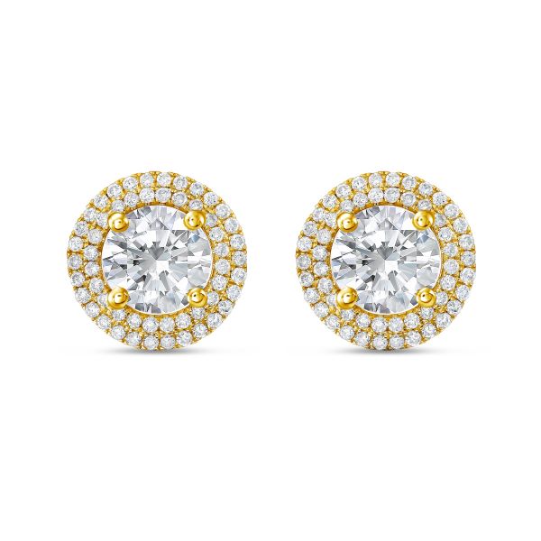 Lab-Grown Round Diamond Double Halo Earrings, 14K Gold