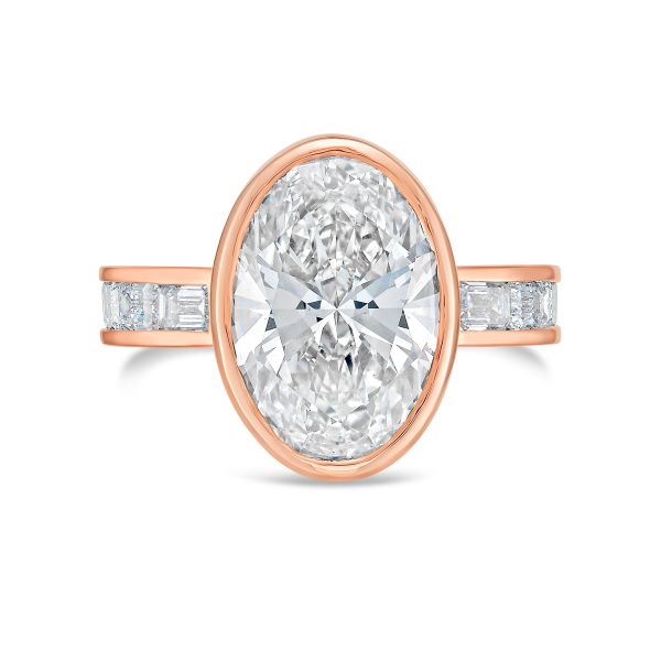 Lab-Grown Bezel Oval Diamond Ring with Channel-Set Emerald Accents, 18K Gold