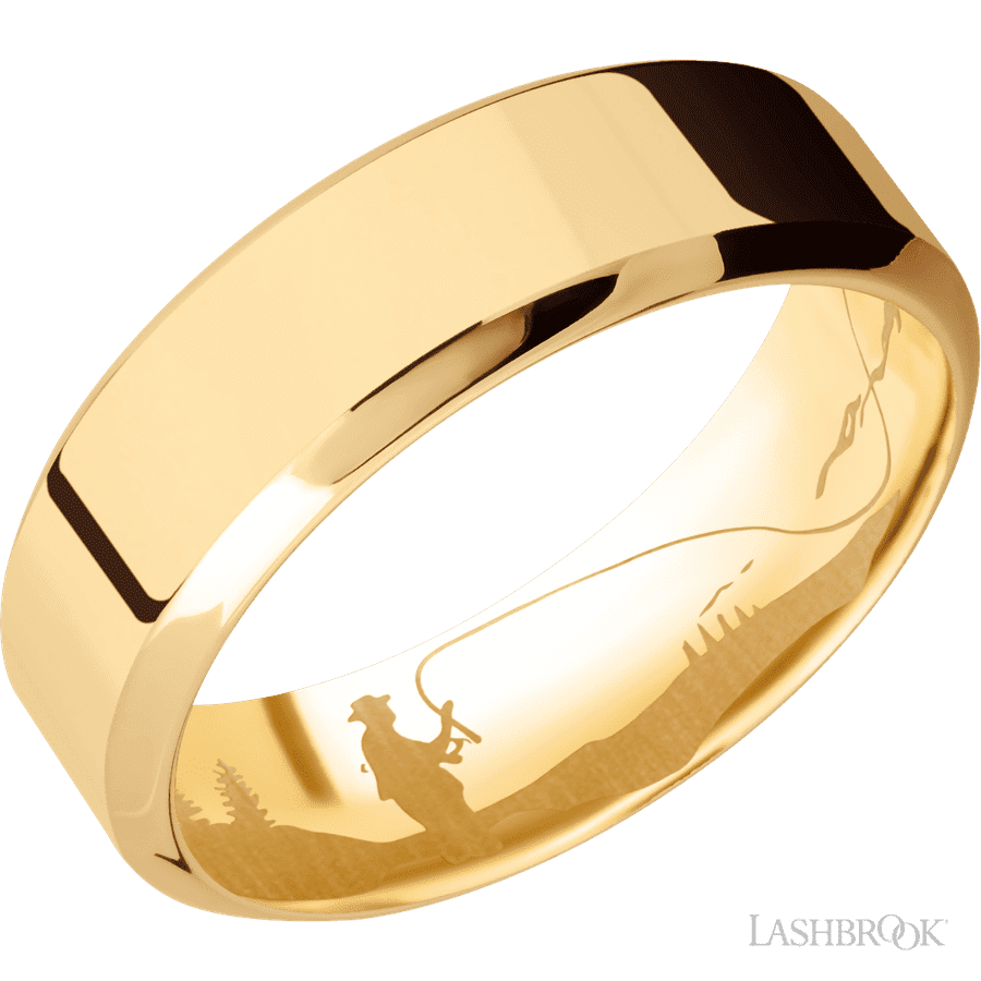 7 mm wide High Bevel 14K Yellow Gold band.