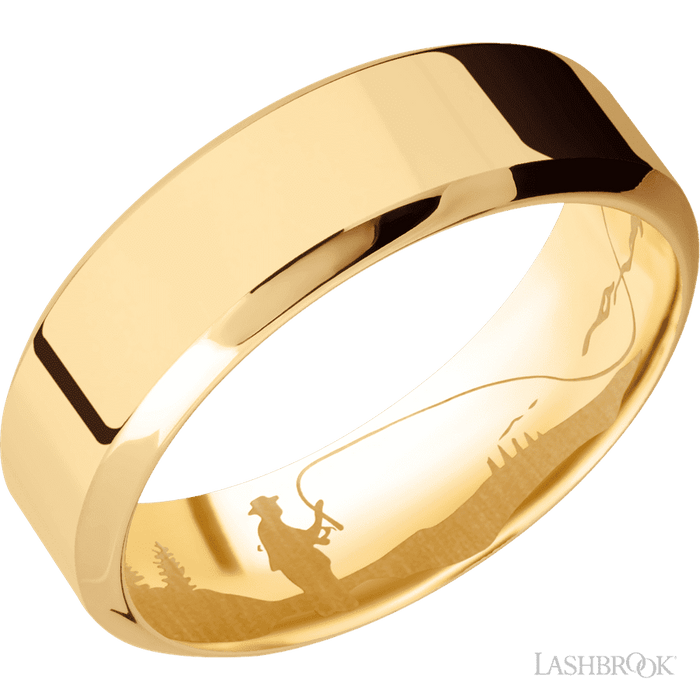 7 mm wide High Bevel 14K Yellow Gold band.