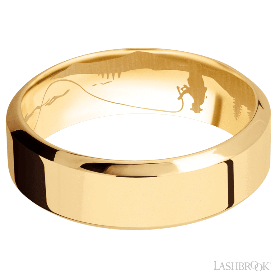 7 mm wide High Bevel 14K Yellow Gold band.