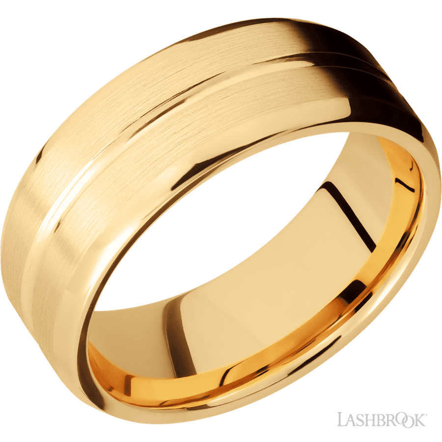 8 mm wide Beveled with Center Accent Groove 14K Yellow Gold band.