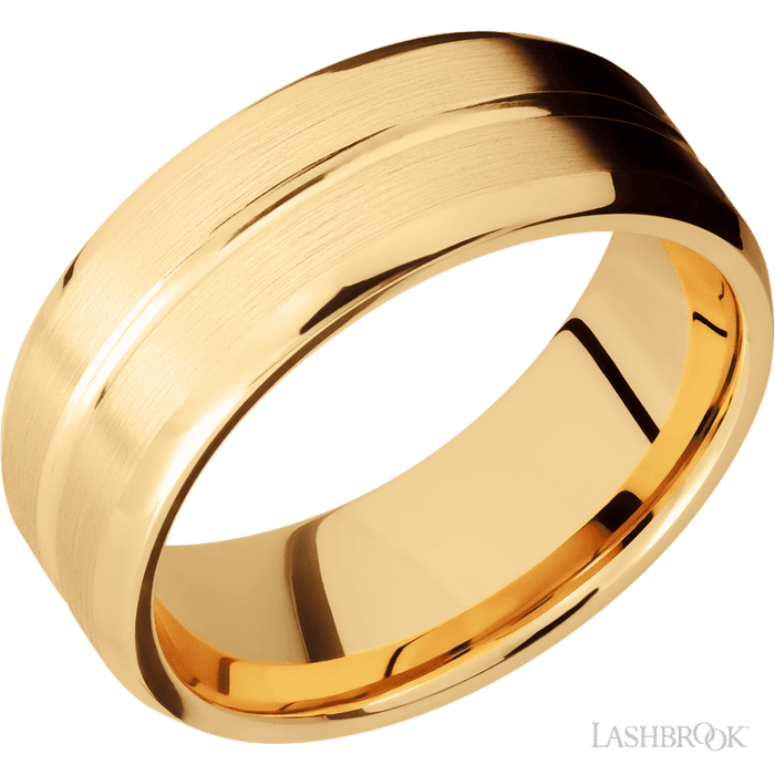 8 mm wide Beveled with Center Accent Groove 14K Yellow Gold band.
