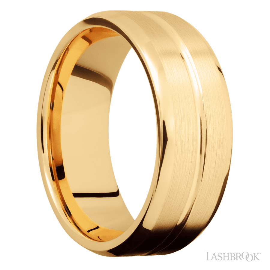 8 mm wide Beveled with Center Accent Groove 14K Yellow Gold band.