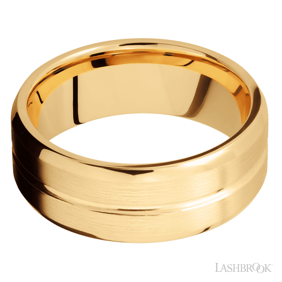 8 mm wide Beveled with Center Accent Groove 14K Yellow Gold band.