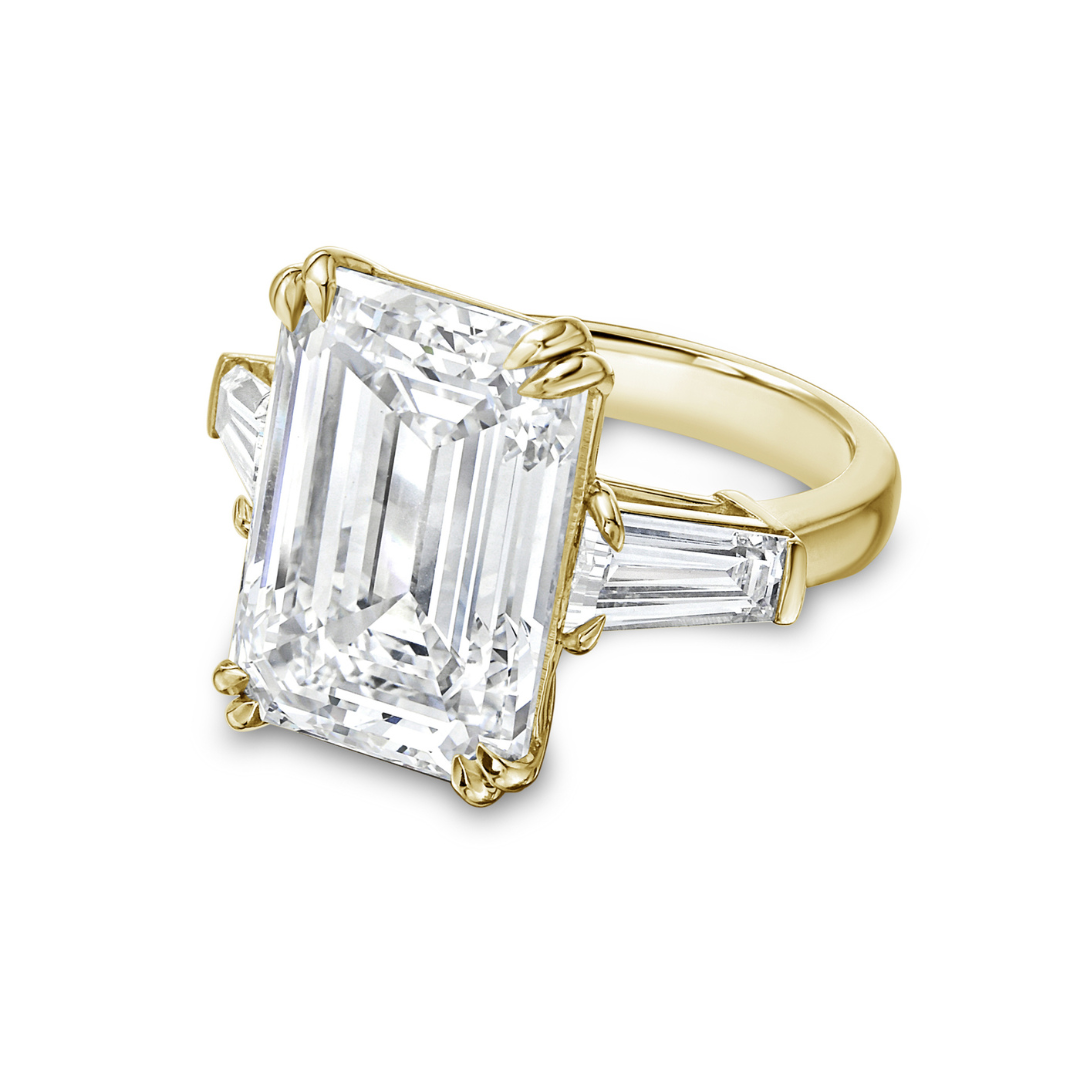 Lab-Grown Emerald-Cut Three-Stone Engagement Ring with Baguettes, 18k Gold