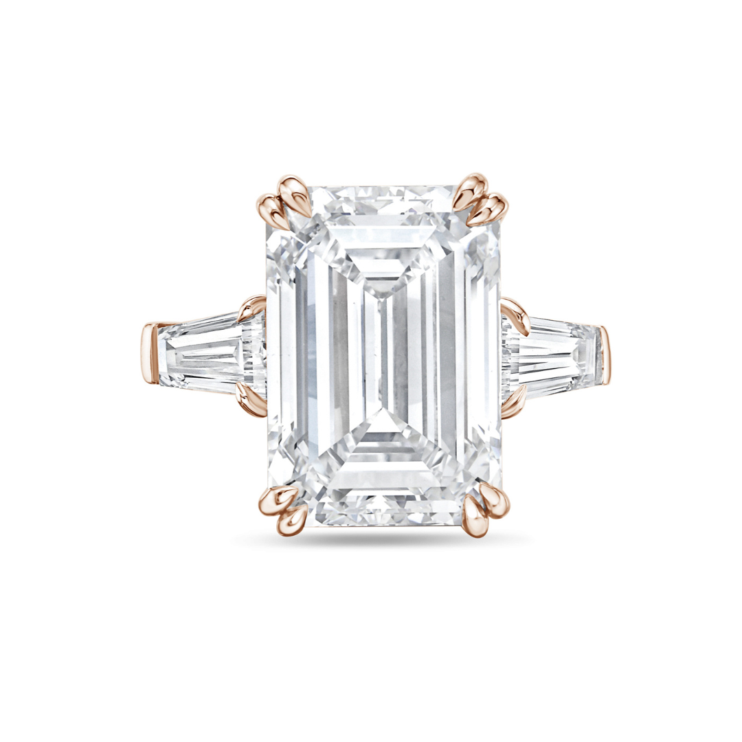 Lab-Grown Emerald-Cut Three-Stone Engagement Ring with Baguettes, 18k Gold