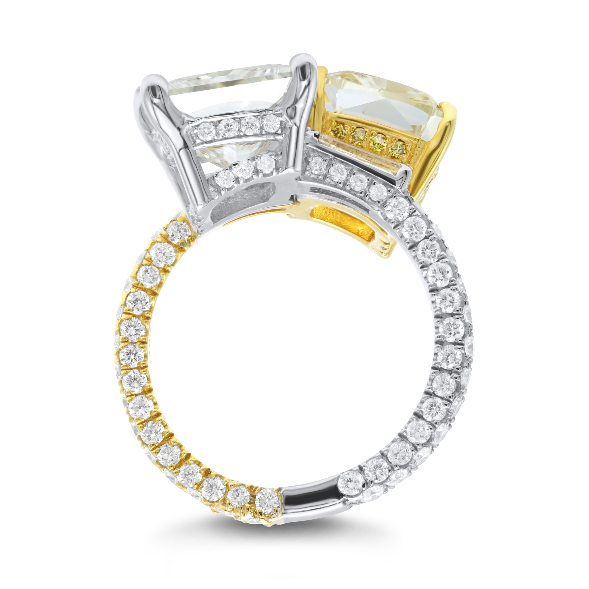 Toi et Moi Princess and Cushion Diamond Ring, 18k White and Yellow Gold