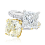 Toi et Moi Princess and Cushion Diamond Ring, 18k White and Yellow Gold