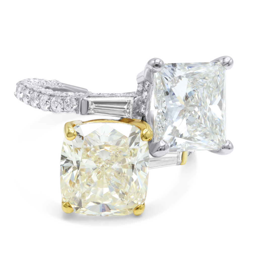 Toi et Moi Princess and Cushion Diamond Ring, 18k White and Yellow Gold
