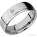 "7 mm wide/Flat Grooved Edges/14K White Gold band with an  arrangement of 1, .1 carat Round Diamond stones in a Flush setting."