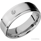 "7 mm wide/Flat Grooved Edges/14K White Gold band with an  arrangement of 1, .1 carat Round Diamond stones in a Flush setting."