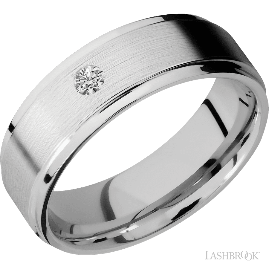 "7 mm wide/Flat Grooved Edges/14K White Gold band with an  arrangement of 1, .1 carat Round Diamond stones in a Flush setting."