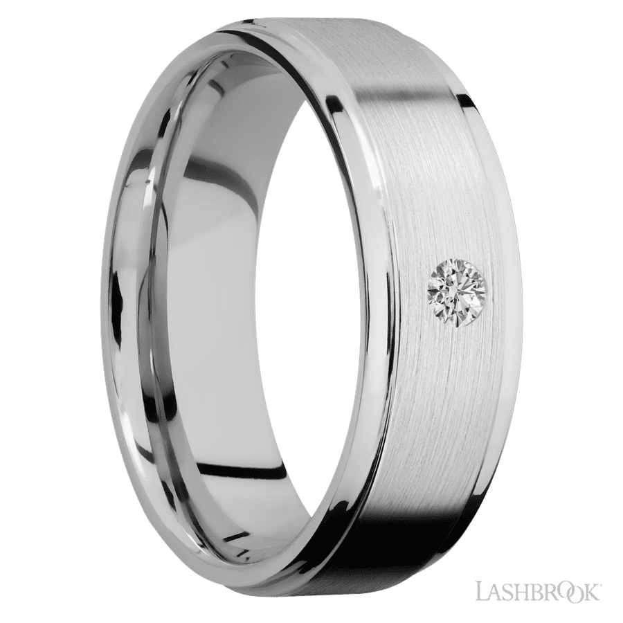 "7 mm wide/Flat Grooved Edges/14K White Gold band with an  arrangement of 1, .1 carat Round Diamond stones in a Flush setting."