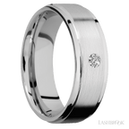 "7 mm wide/Flat Grooved Edges/14K White Gold band with an  arrangement of 1, .1 carat Round Diamond stones in a Flush setting."