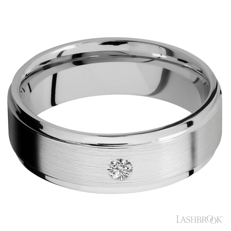 "7 mm wide/Flat Grooved Edges/14K White Gold band with an  arrangement of 1, .1 carat Round Diamond stones in a Flush setting."