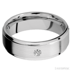 "7 mm wide/Flat Grooved Edges/14K White Gold band with an  arrangement of 1, .1 carat Round Diamond stones in a Flush setting."