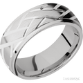 8 mm wide/Domed Stepped Down Edges/14K White Gold band with a machined Lattice pattern.
