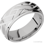 8 mm wide/Domed Stepped Down Edges/14K White Gold band with a machined Lattice pattern.