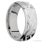 8 mm wide/Domed Stepped Down Edges/14K White Gold band with a machined Lattice pattern.