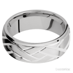 8 mm wide/Domed Stepped Down Edges/14K White Gold band with a machined Lattice pattern.