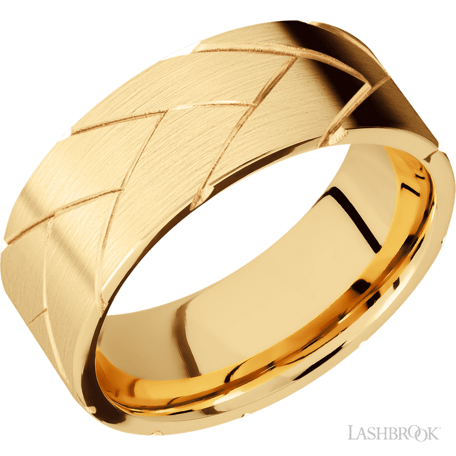 8 mm wide/Flat/14K Yellow Gold band with a machined Flatbraid pattern.
