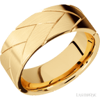 8 mm wide/Flat/14K Yellow Gold band with a machined Flatbraid pattern.