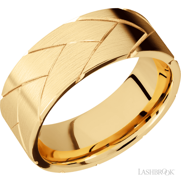 8 mm wide/Flat/14K Yellow Gold band with a machined Flatbraid pattern.
