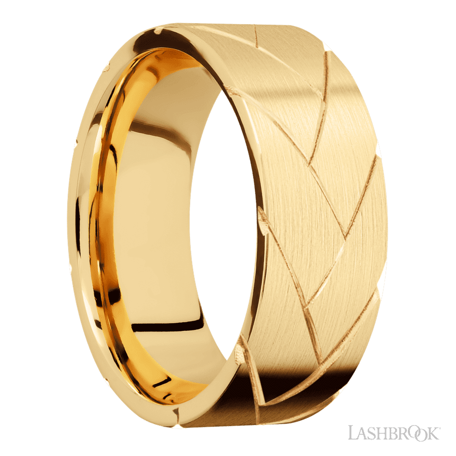 8 mm wide/Flat/14K Yellow Gold band with a machined Flatbraid pattern.