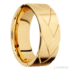 8 mm wide/Flat/14K Yellow Gold band with a machined Flatbraid pattern.