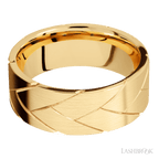 8 mm wide/Flat/14K Yellow Gold band with a machined Flatbraid pattern.