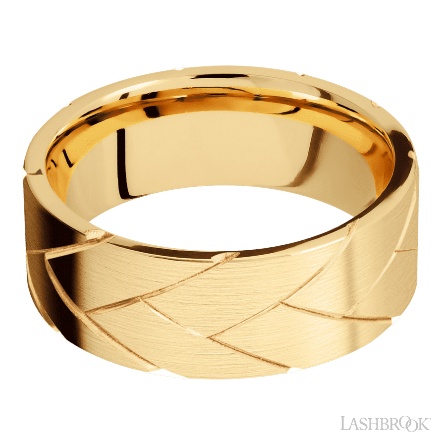 8 mm wide/Flat/14K Yellow Gold band with a machined Flatbraid pattern.