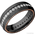 7 mm wide/Domed/Zirconium band with  two 1 mm Sidebraid inlays of 14K Rose Gold and featuring an Eternity arrangement of .03 carat Round Lab Grown Diamond stones in a Bead setting