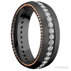7 mm wide/Domed/Zirconium band with  two 1 mm Sidebraid inlays of 14K Rose Gold and featuring an Eternity arrangement of .03 carat Round Lab Grown Diamond stones in a Bead setting