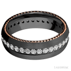 7 mm wide/Domed/Zirconium band with  two 1 mm Sidebraid inlays of 14K Rose Gold and featuring an Eternity arrangement of .03 carat Round Lab Grown Diamond stones in a Bead setting