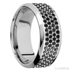 9 mm wide/High Bevel/14K White Gold band with a 4 Row Half Eternity arrangement of .015 carat Round Black Diamond stones in a Bead Channel setting.