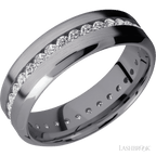 7 mm wide/High Bevel/Tantalum band with an Eternity arrangement of .03 carat Round Lab Grown Diamond stones in a Channel setting.
